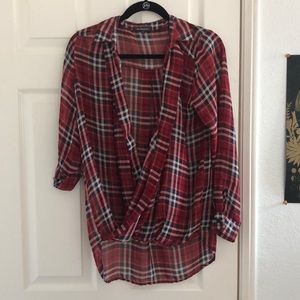 Sheer high-low navy blue and red plaid shirt